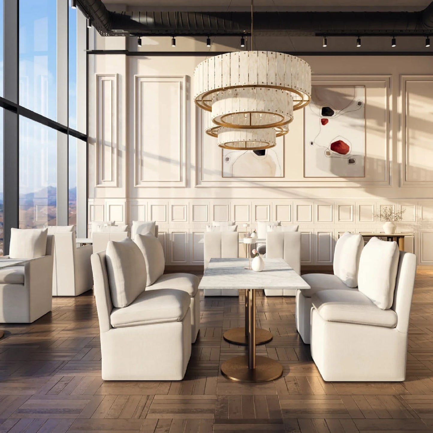 Luxury White Linen Wheeled Dining Chair European Style for Villa