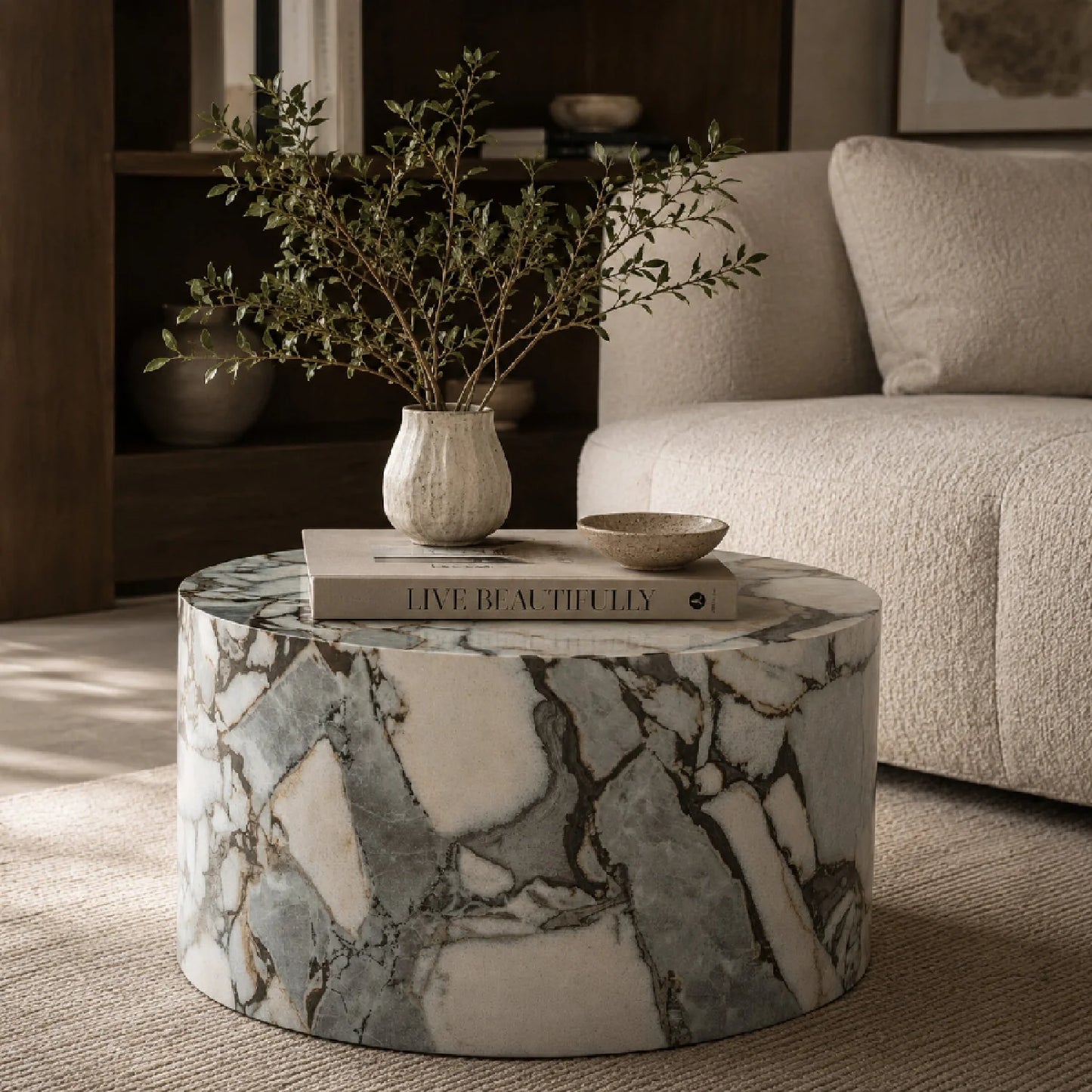 Luxury White Marble Cylindrical Coffee Table Modern Italian Style for Villa