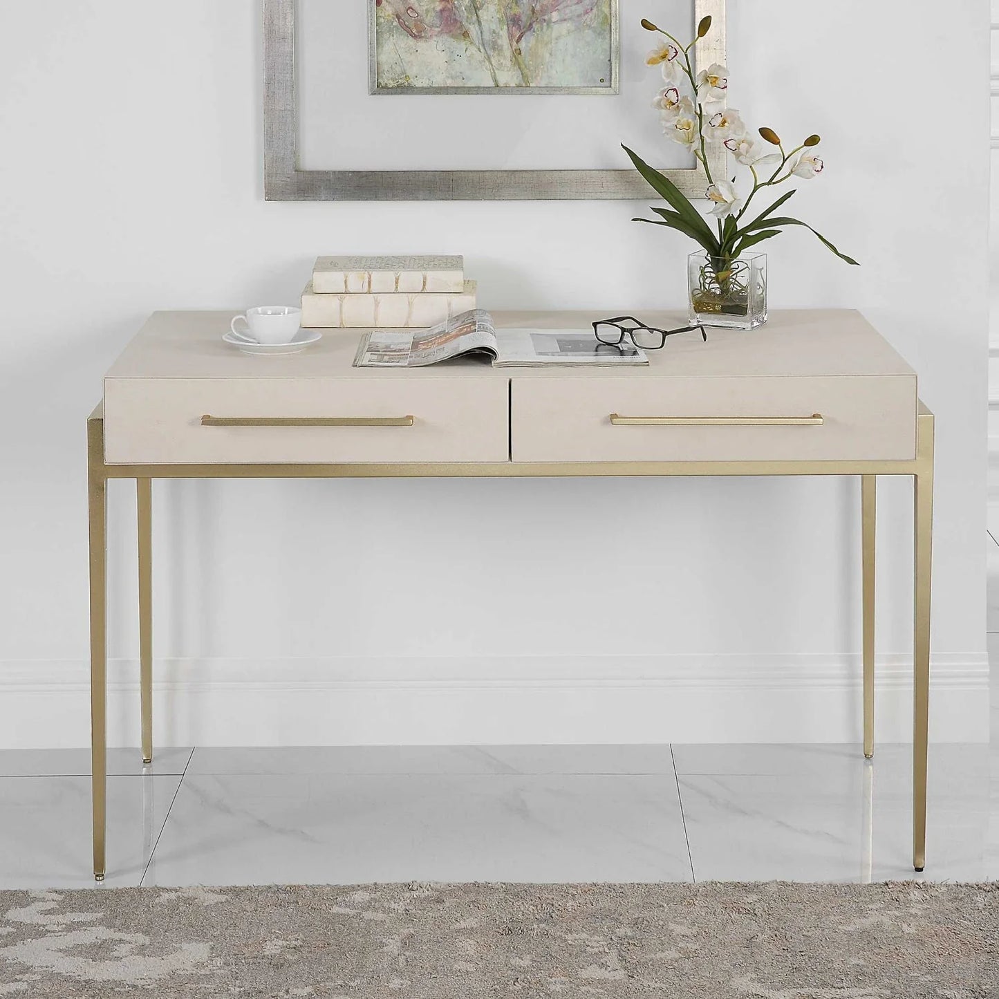 Luxury White Shagreen 2-Drawer Modern Desk European Style for Villa
