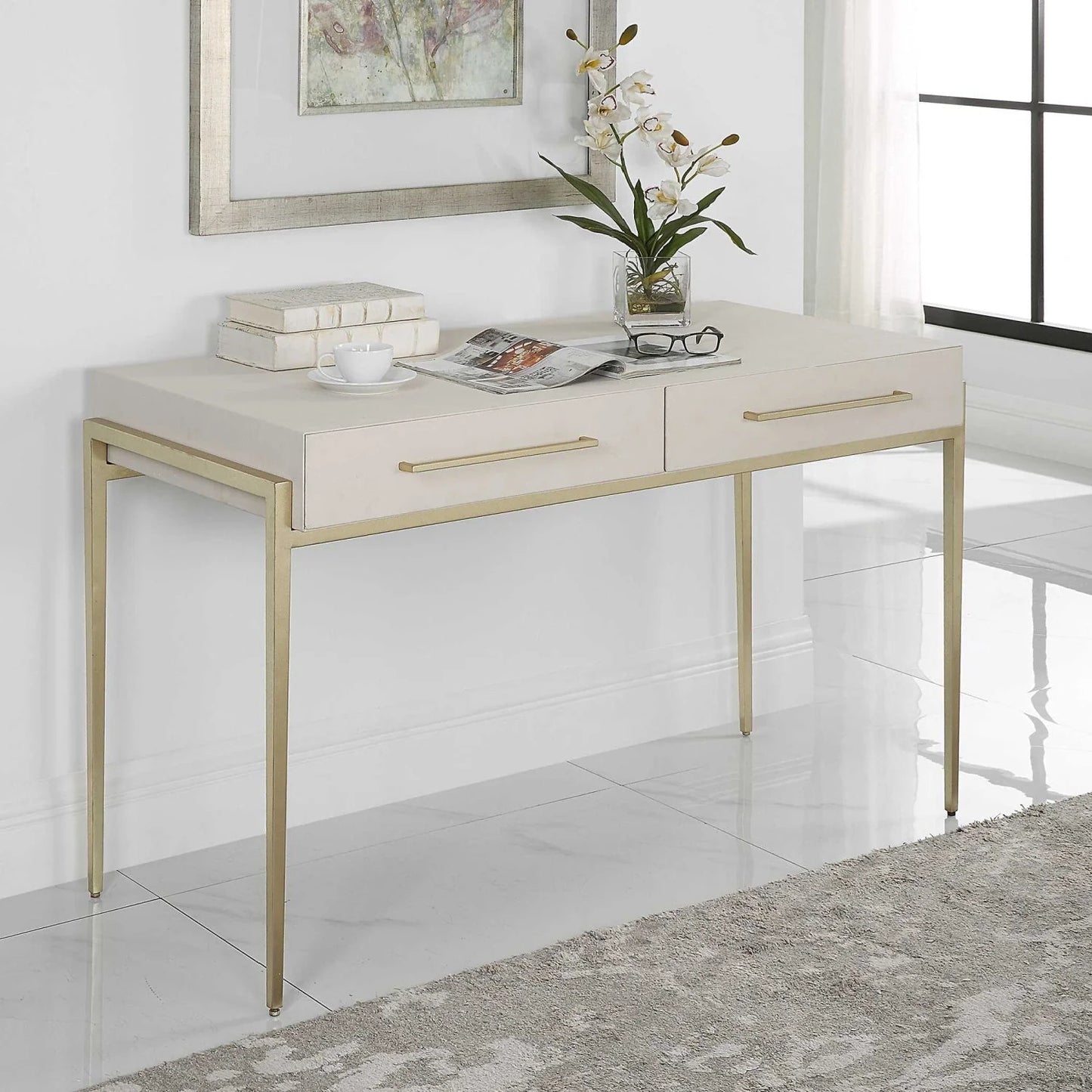 Luxury White Shagreen 2-Drawer Modern Desk European Style for Villa