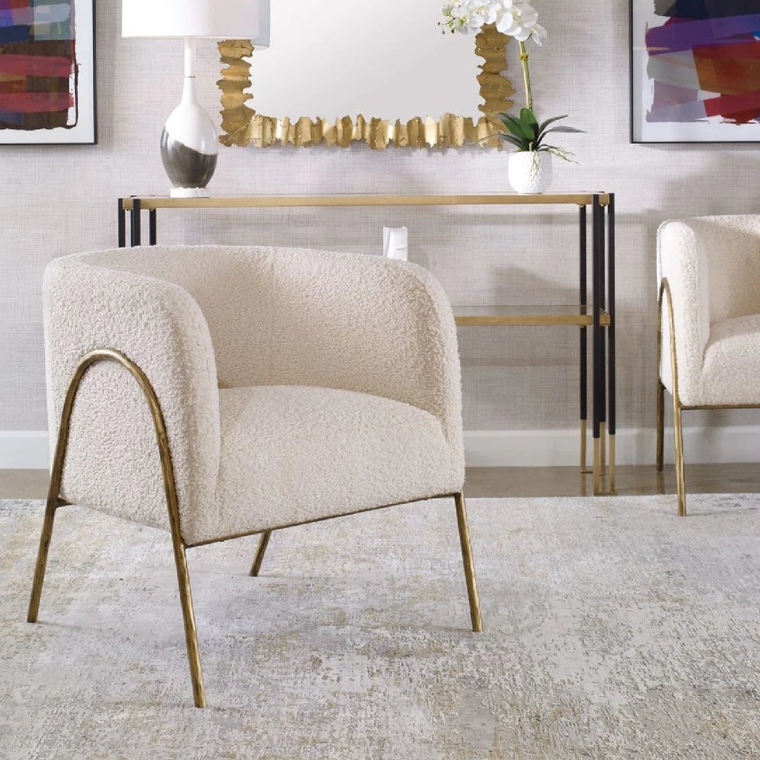 Luxury White Shearling Accent Chair European Style for Villa