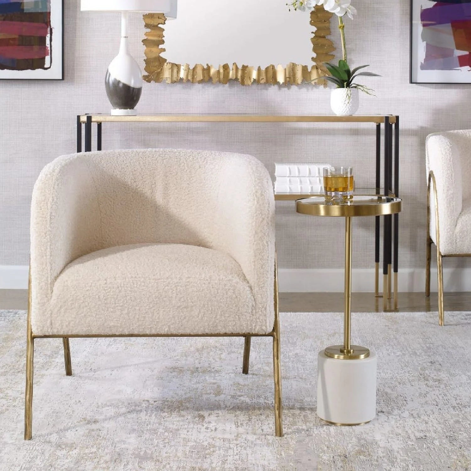Luxury White Shearling Accent Chair European Style for Villa