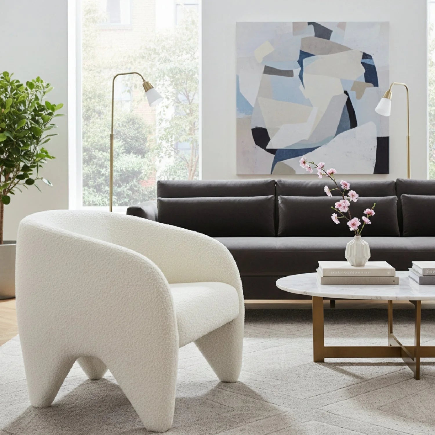 Luxury White Shearling Accent Chair Modern Italian Style for Villa
