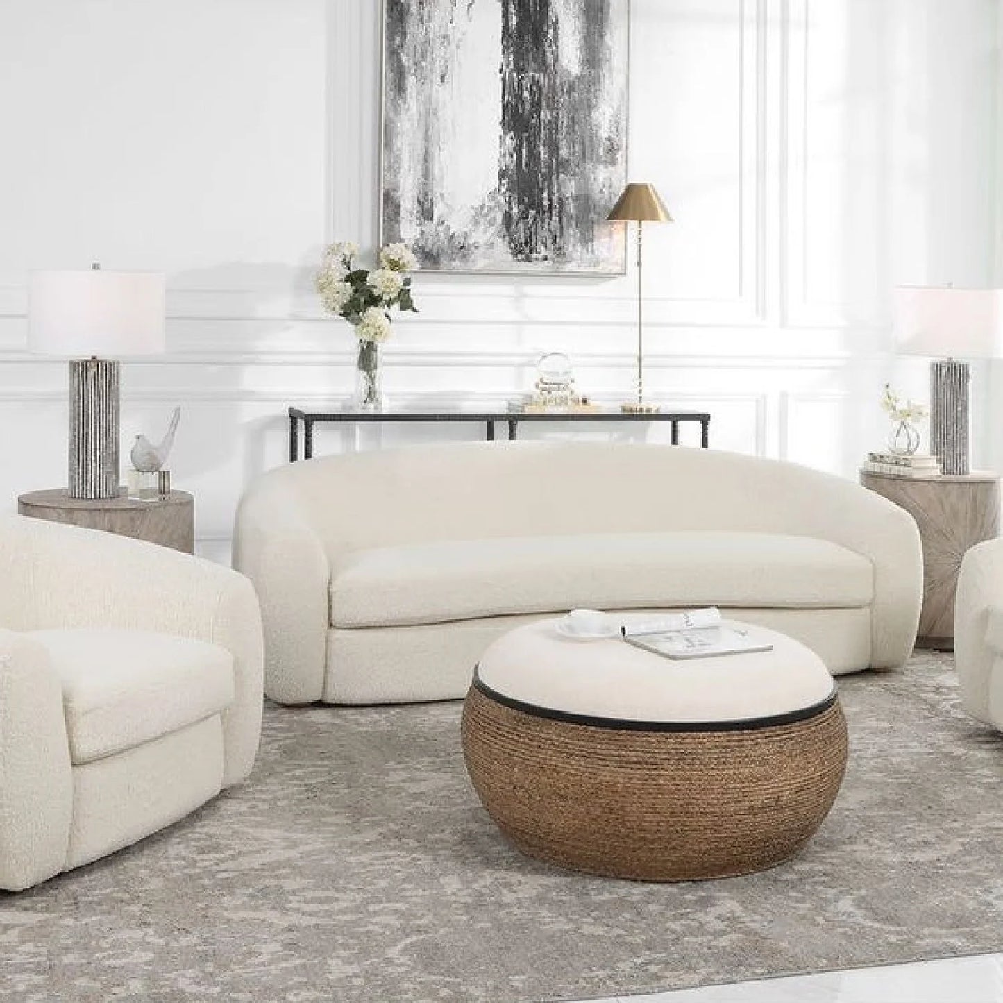 Luxury White Shearling Curved Sofa Modern Italian Style for Villa