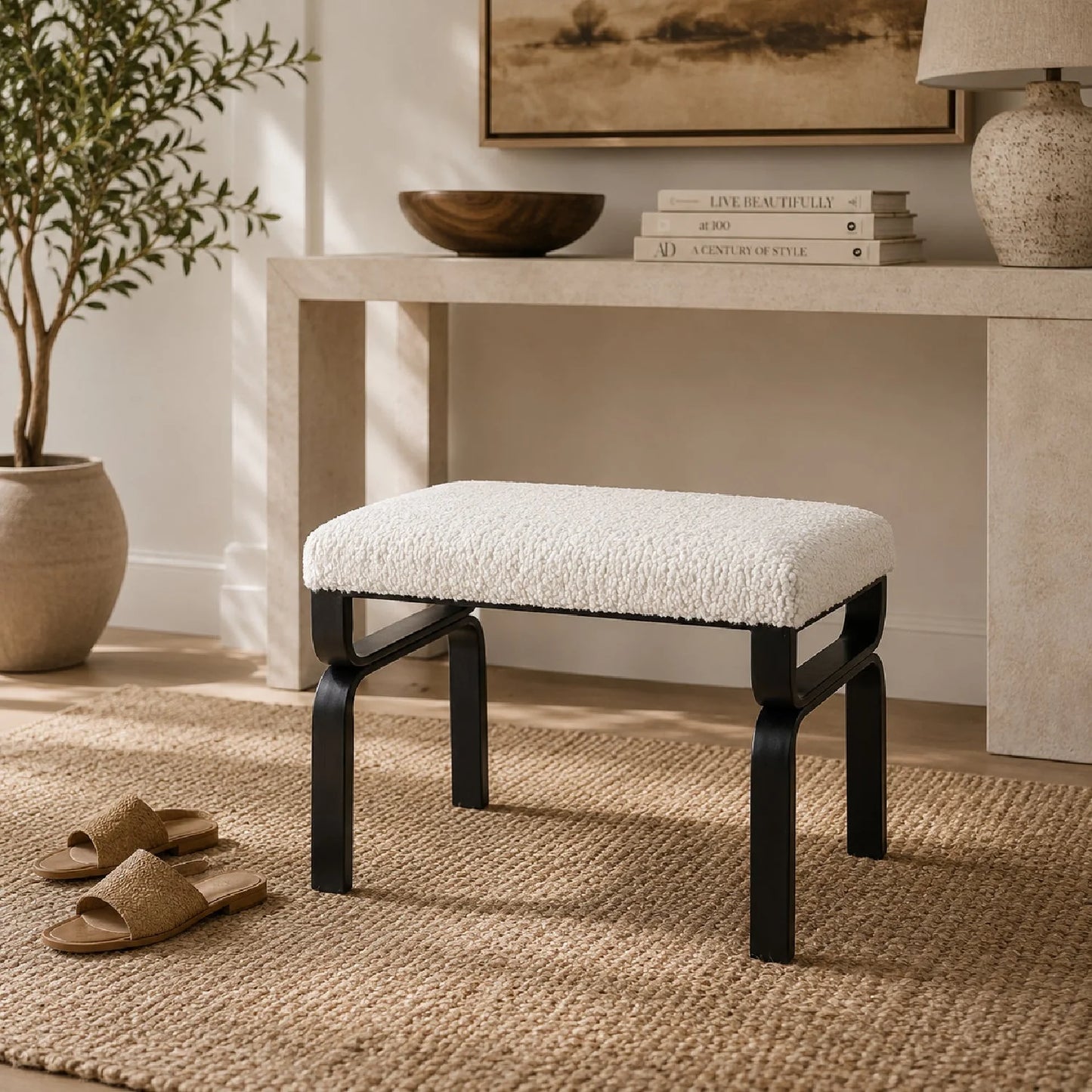Luxury White Shearling Iron Bench European Style for Villa