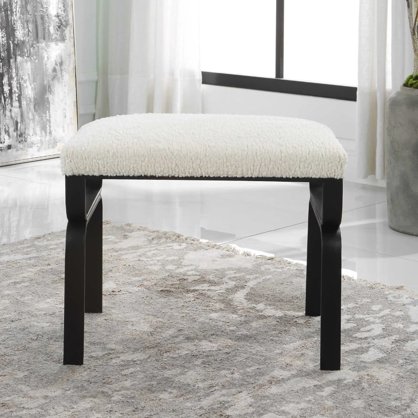 Luxury White Shearling Iron Bench European Style for Villa