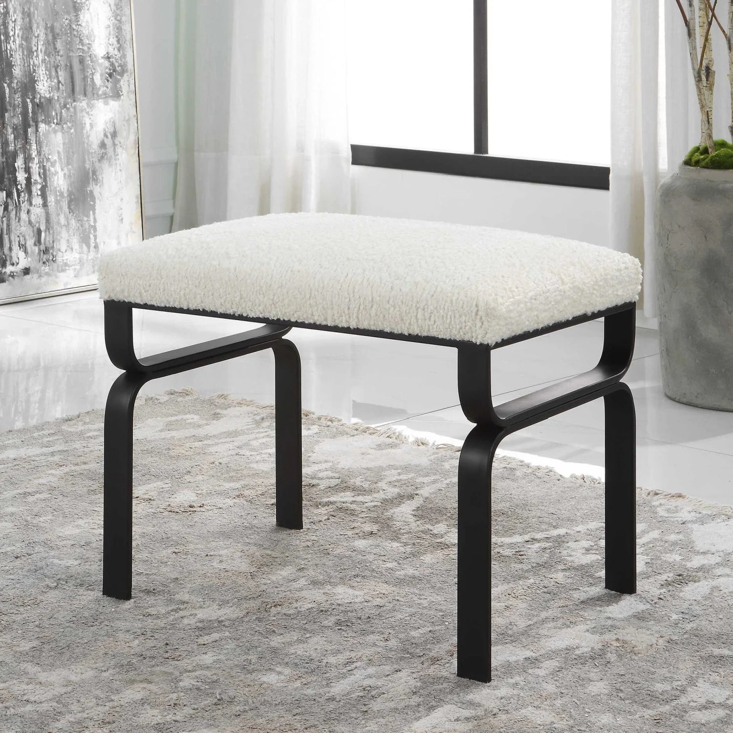 Luxury White Shearling Iron Bench European Style for Villa