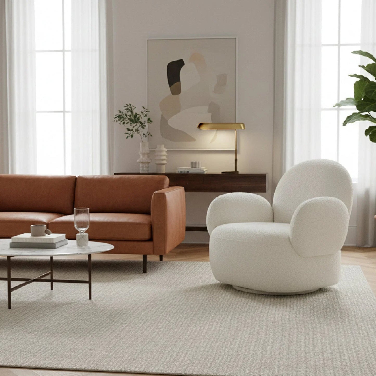 Luxury White Shearling Swivel Armchair Modern Italian Style for Villa