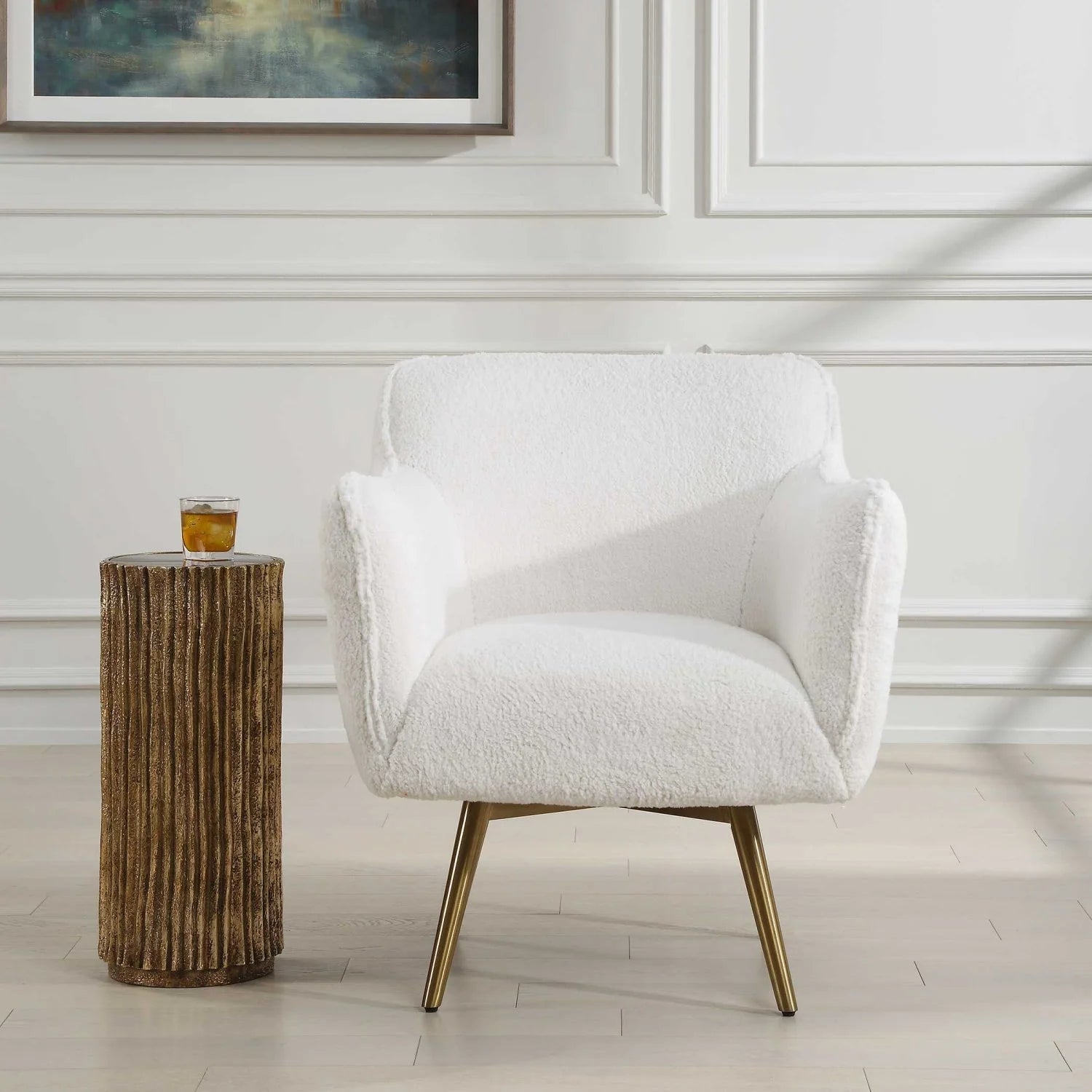 Luxury White Sheepskin Swivel Accent Chair European Style for Villa