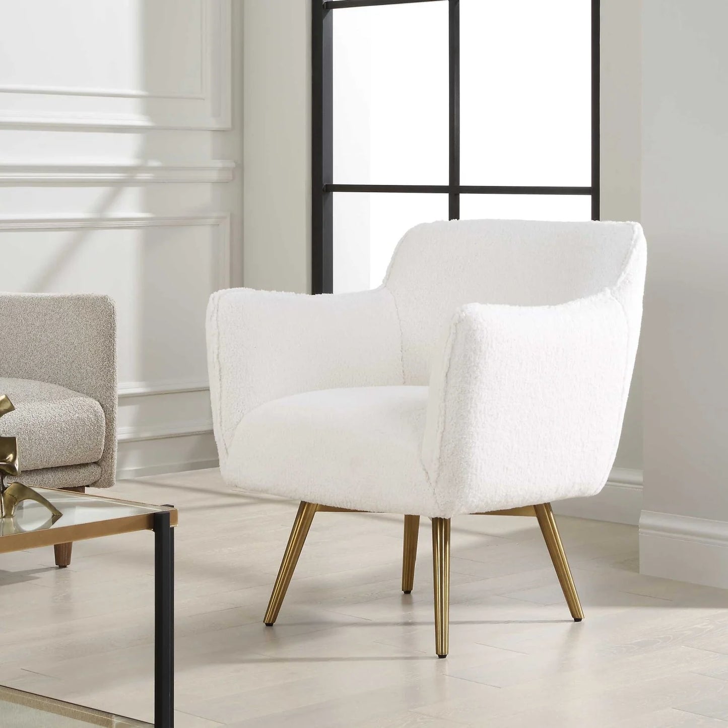 Luxury White Sheepskin Swivel Accent Chair European Style for Villa