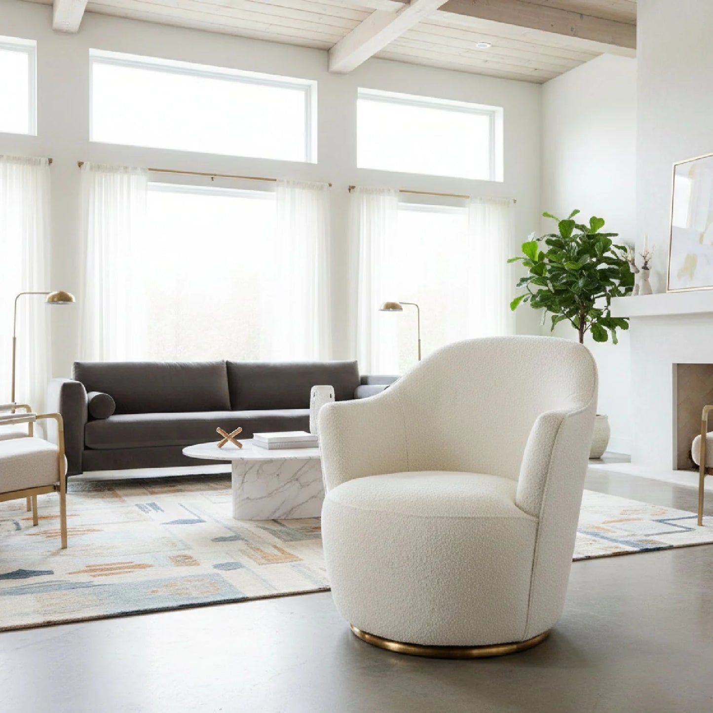 Luxury White Sherpa Swivel Accent Chair Modern Italian Style for Villa