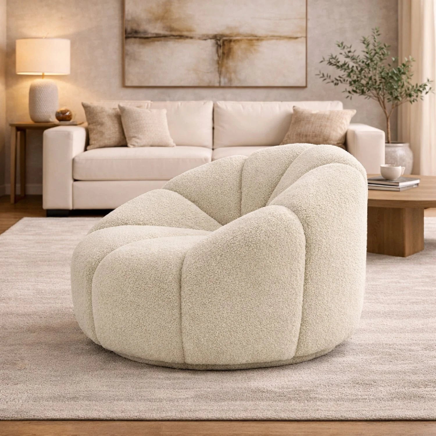 Luxury White Sherpa Tufted Swivel Lounge Chair Modern Italian Style for Villa
