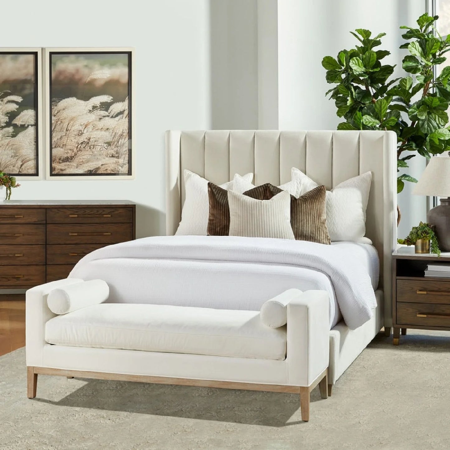 Luxury White Textured Fabric Bench European Style for Villa