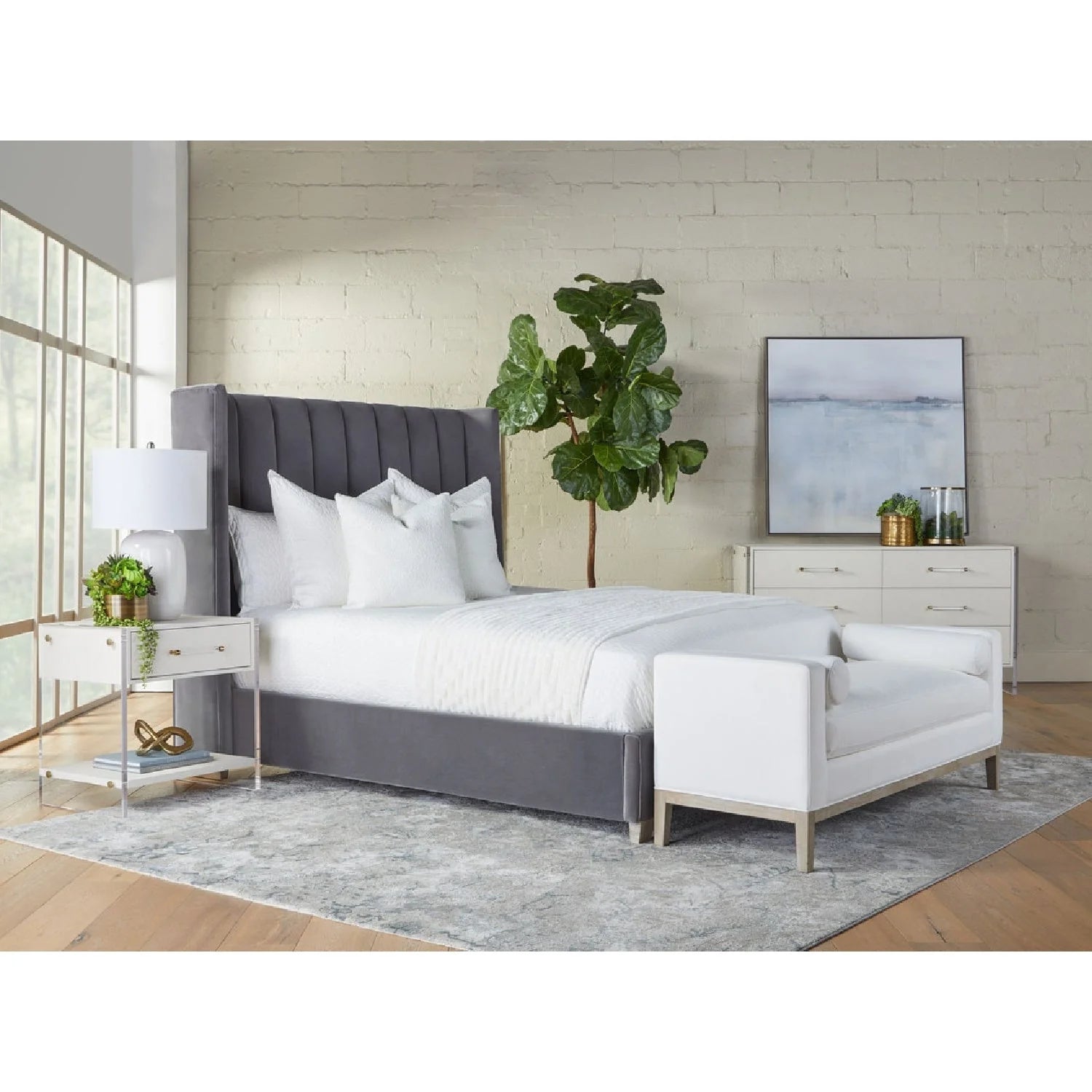 Luxury White Textured Fabric Bench European Style for Villa