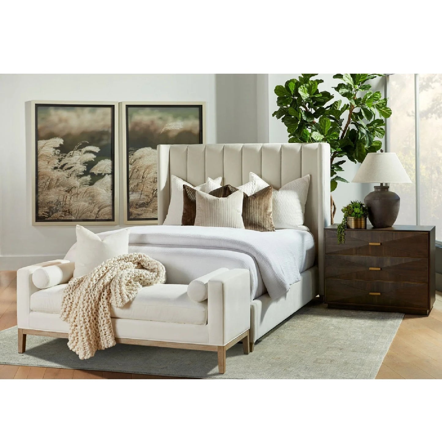 Luxury White Textured Fabric Bench European Style for Villa