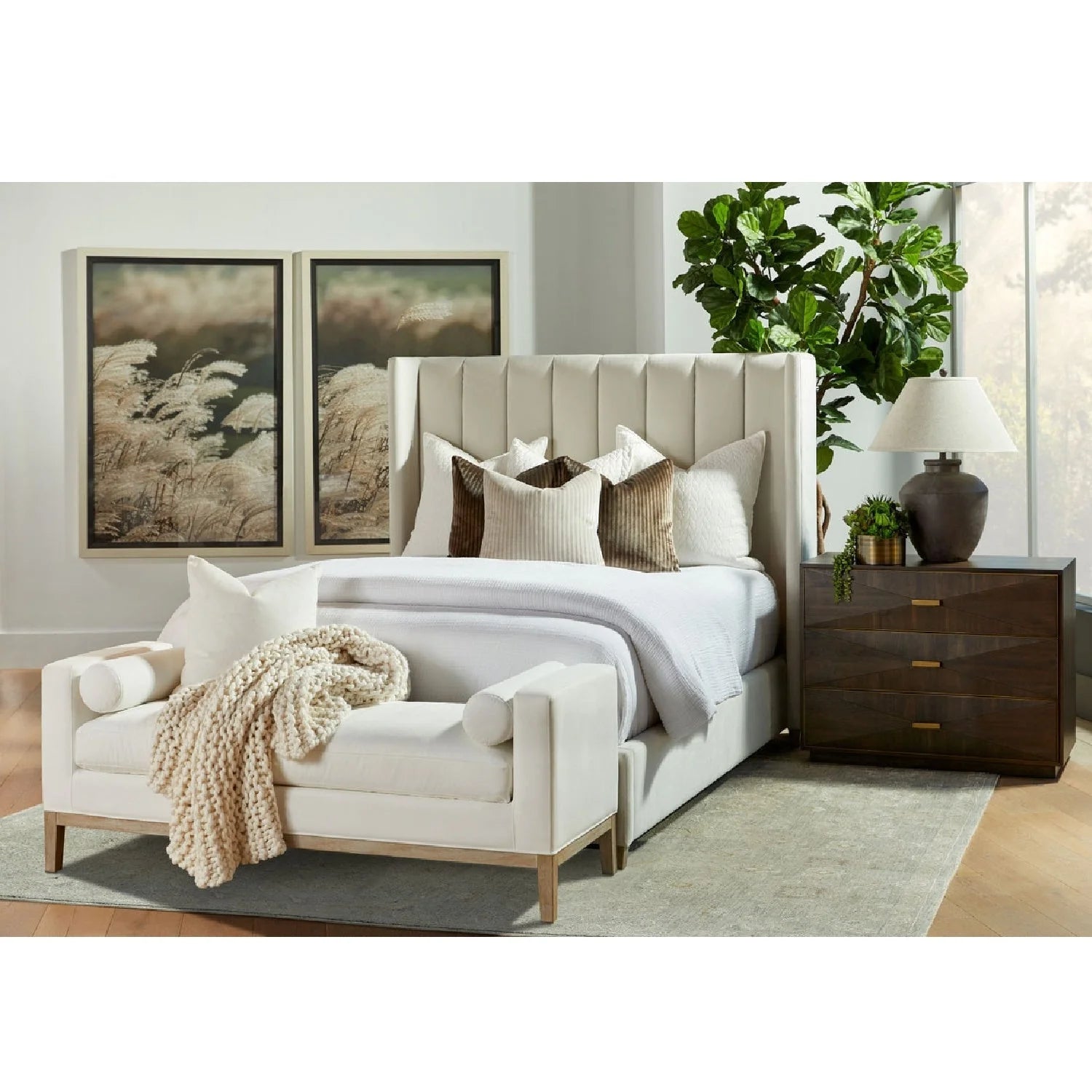 Luxury White Textured Fabric Bench European Style for Villa