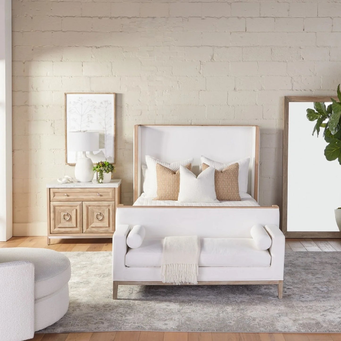 Luxury White Textured Fabric Bench European Style for Villa