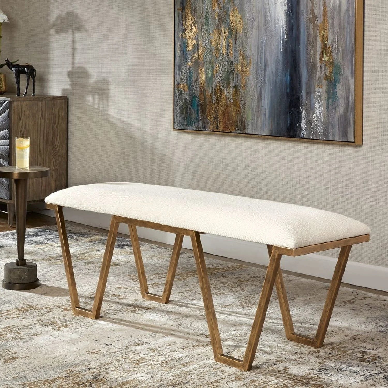 Luxury White Textured Fabric Bench European Style for Villa