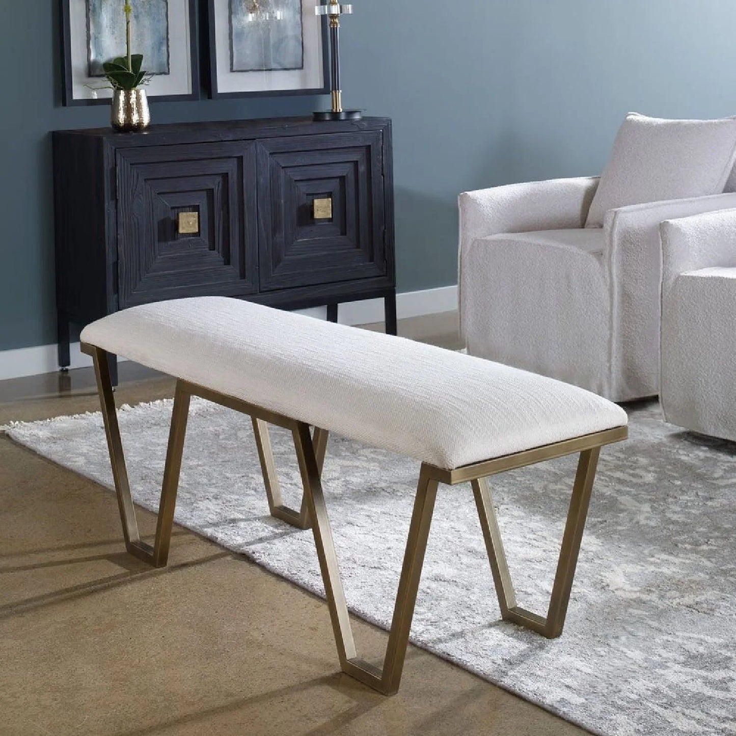 Luxury White Textured Fabric Bench European Style for Villa
