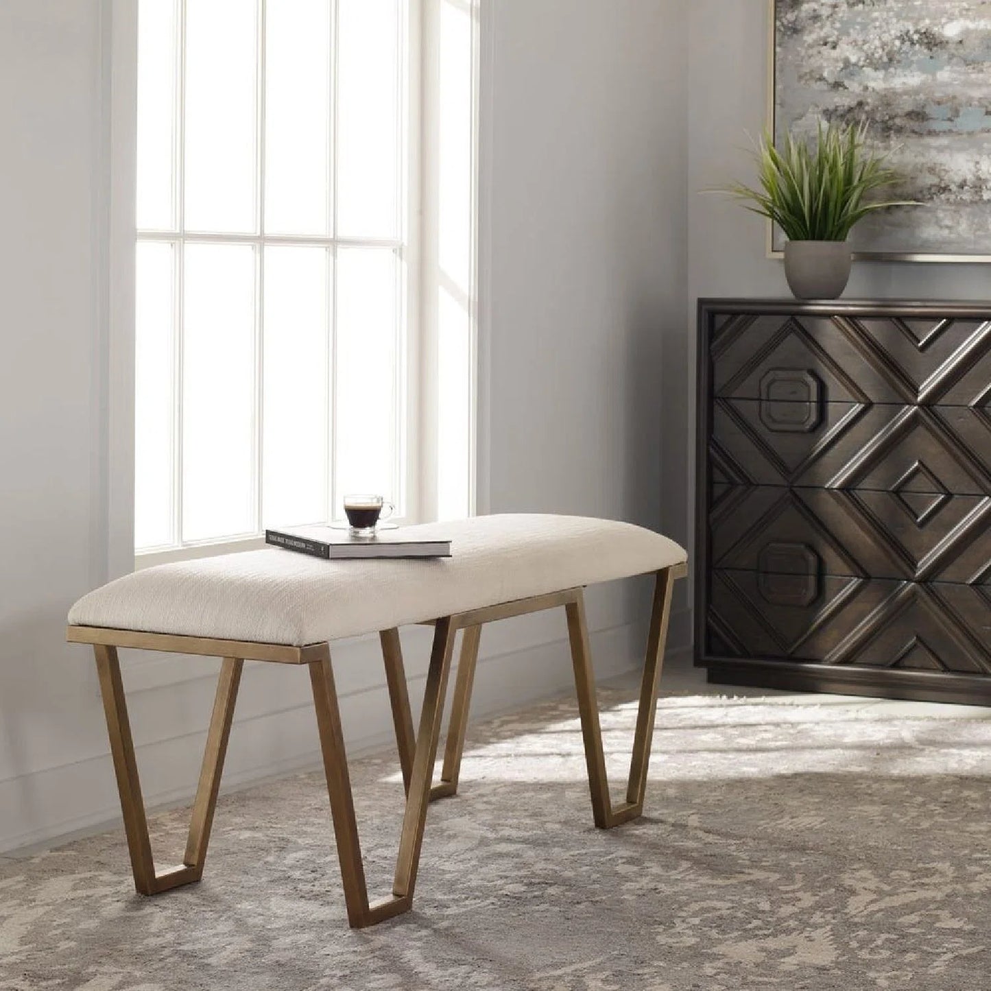 Luxury White Textured Fabric Bench European Style for Villa