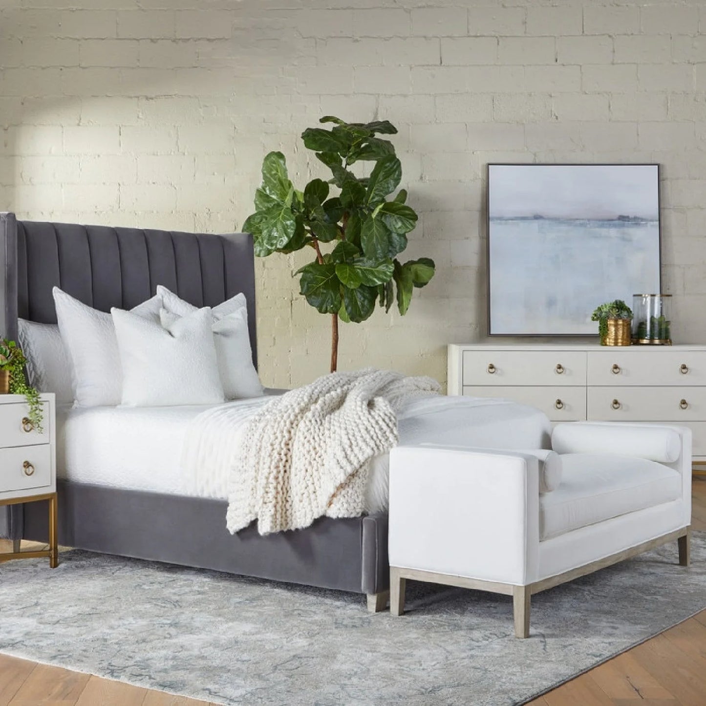 Luxury White Textured Fabric Bench European Style for Villa
