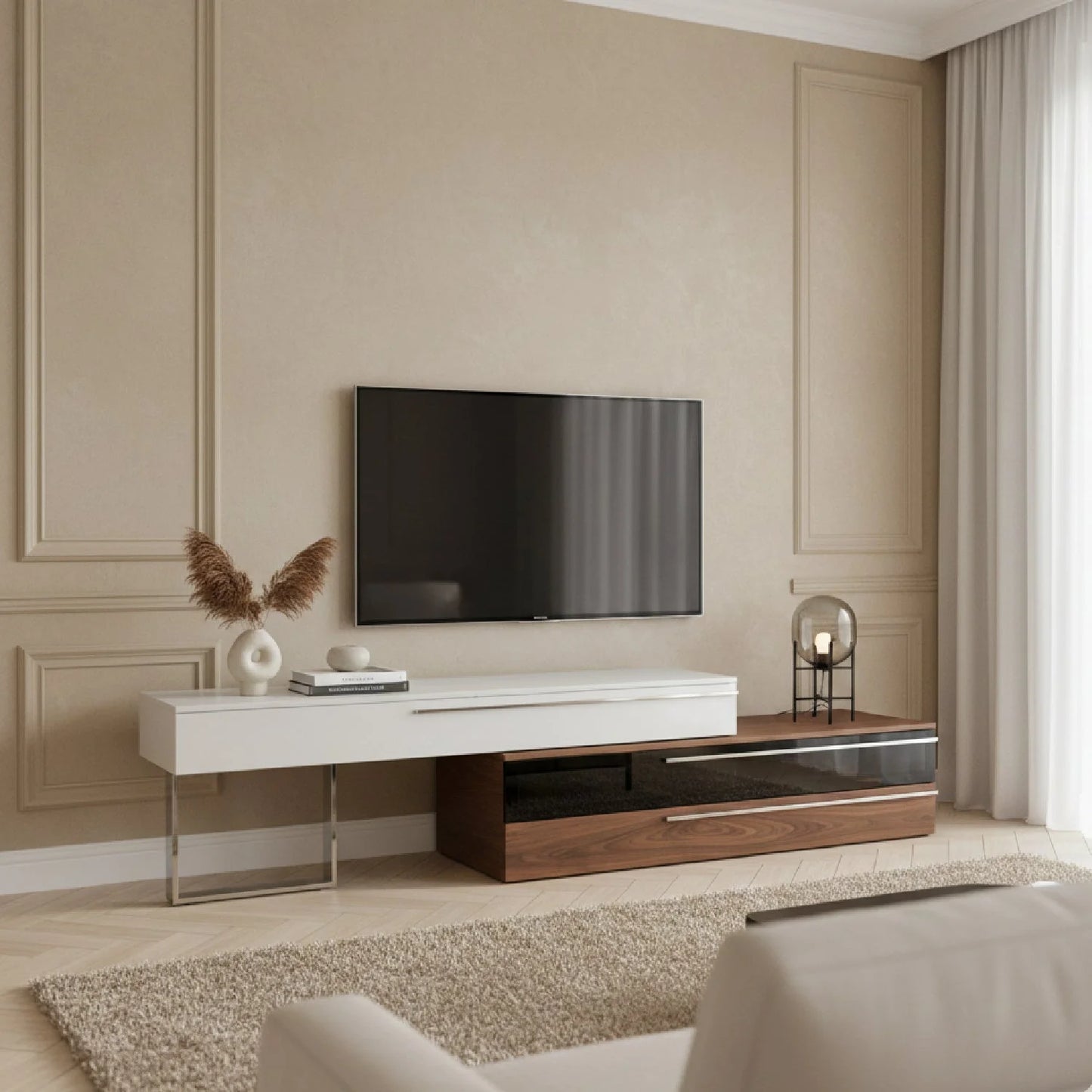 Luxury White Walnut TV Stand Modern Italian Style for Villa