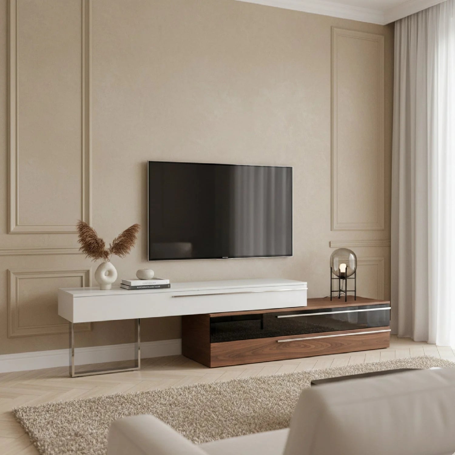 Luxury White Walnut TV Stand Modern Italian Style for Villa