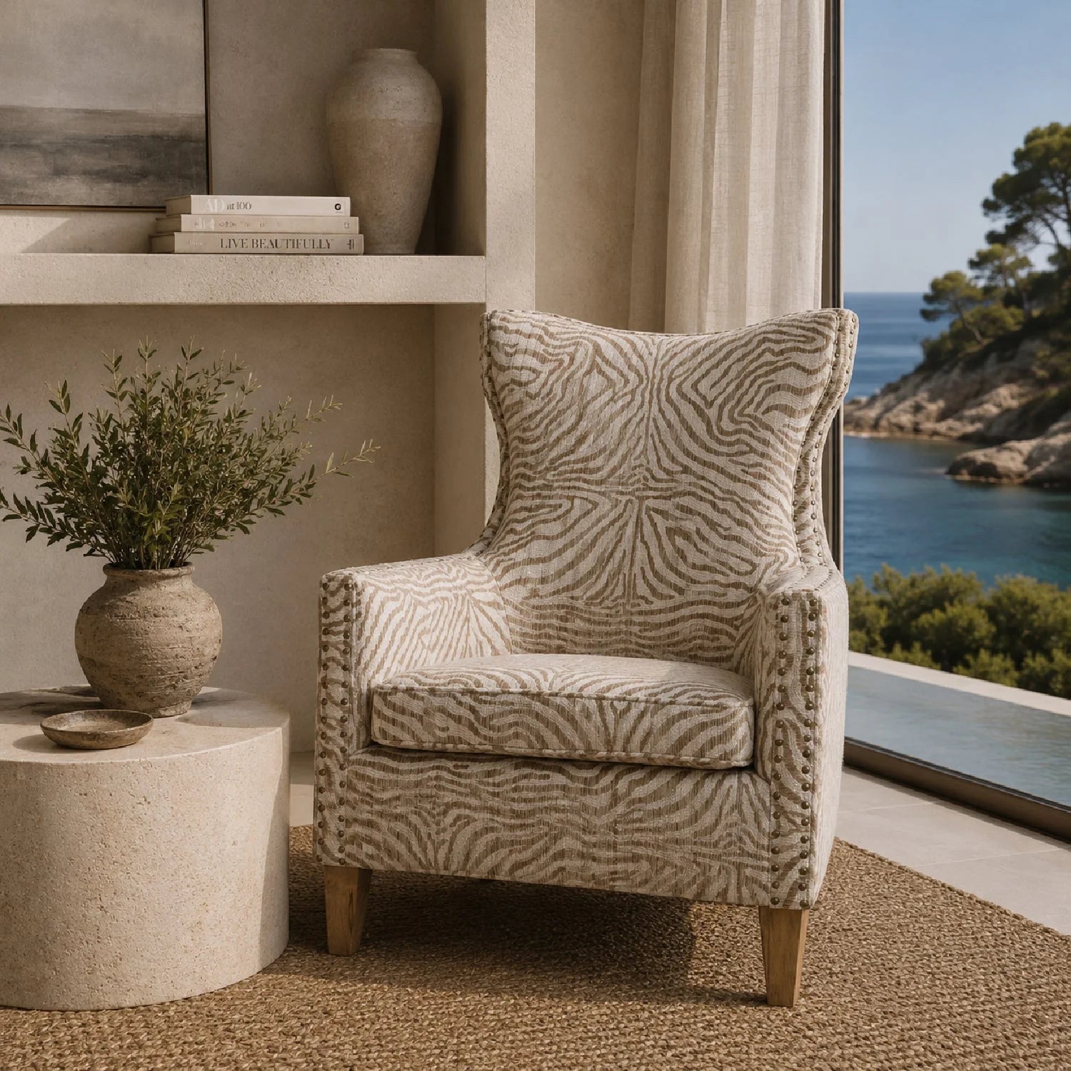 Luxury Wingback Beige Lounge Chair Modern Italian Style for Villa