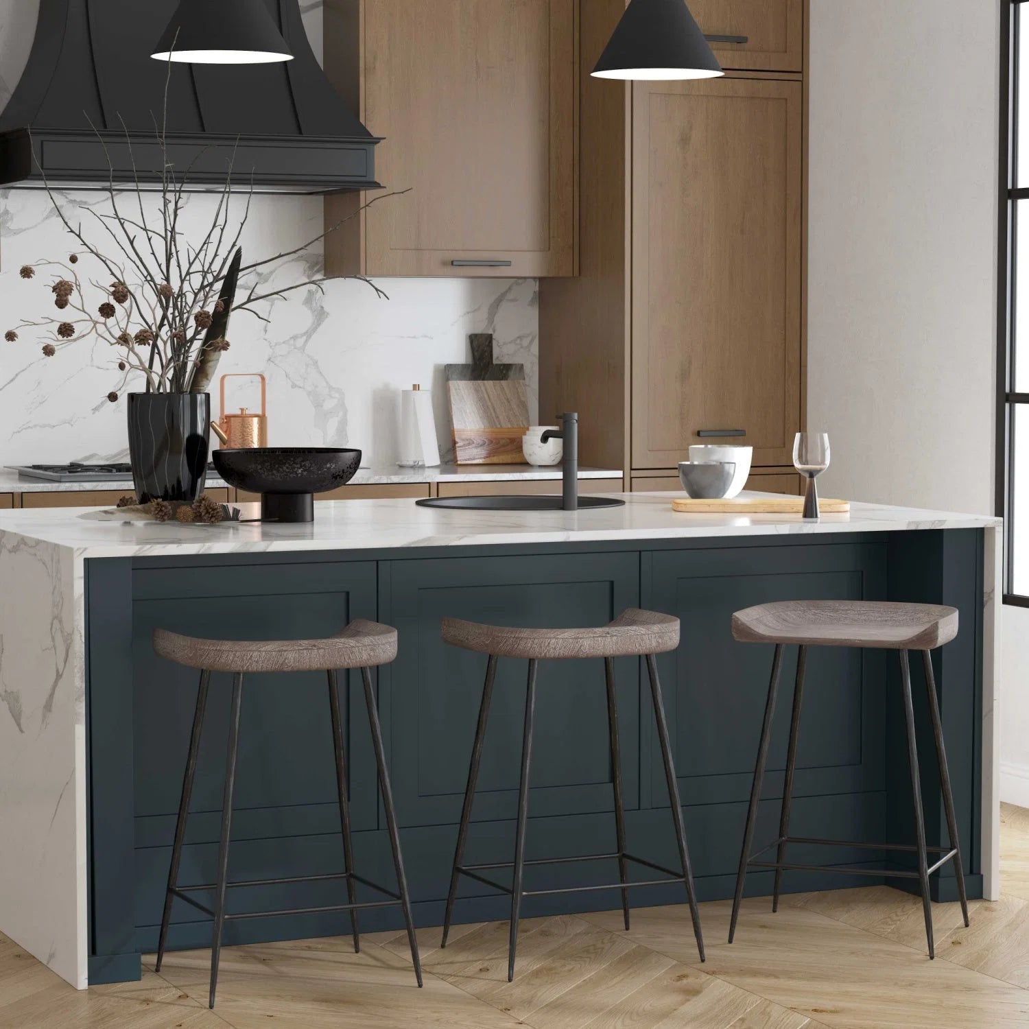 Luxury Wood Curved Counter Stool European Style for Villa