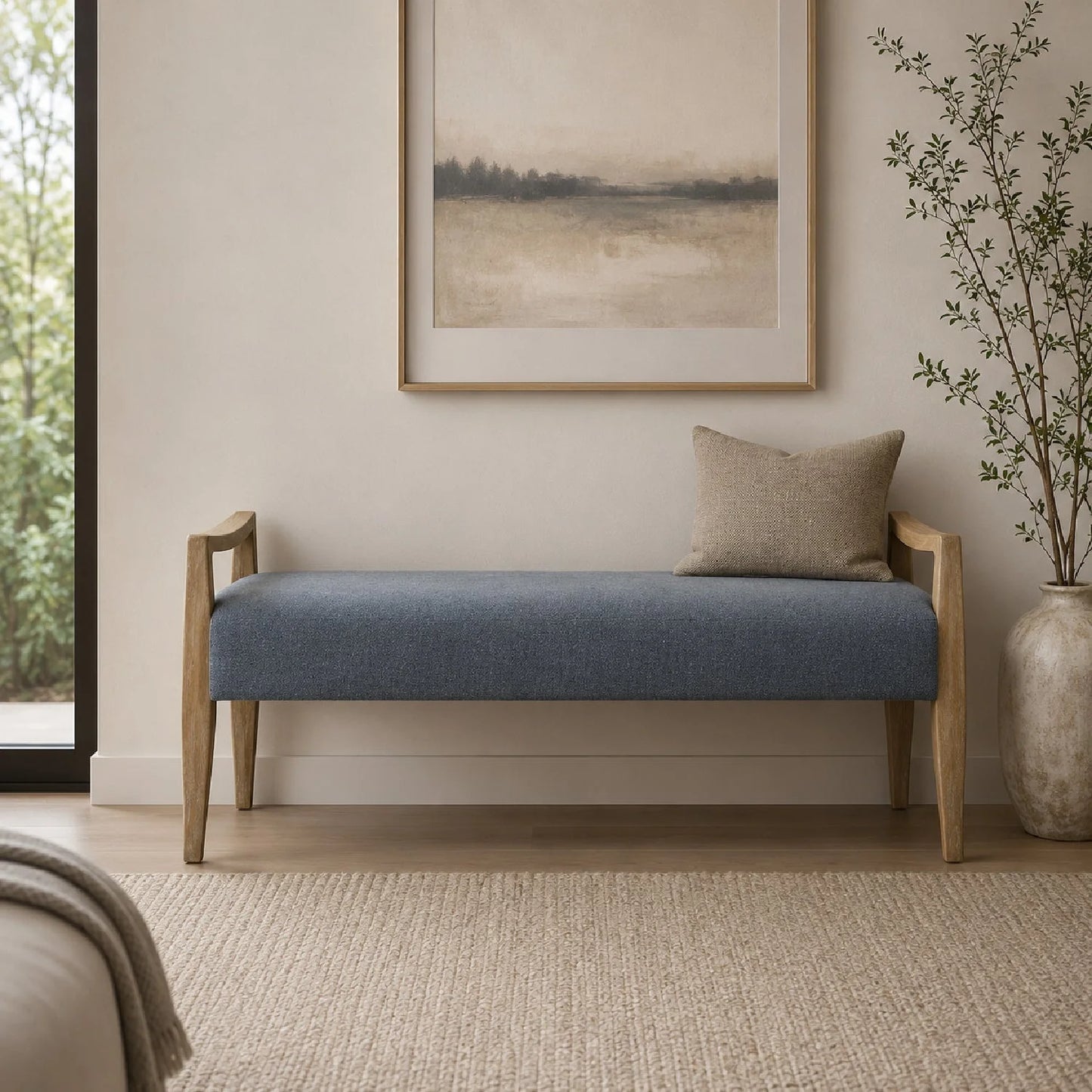 Luxury Wood Framed Blue Fabric Bench European Style for Villa