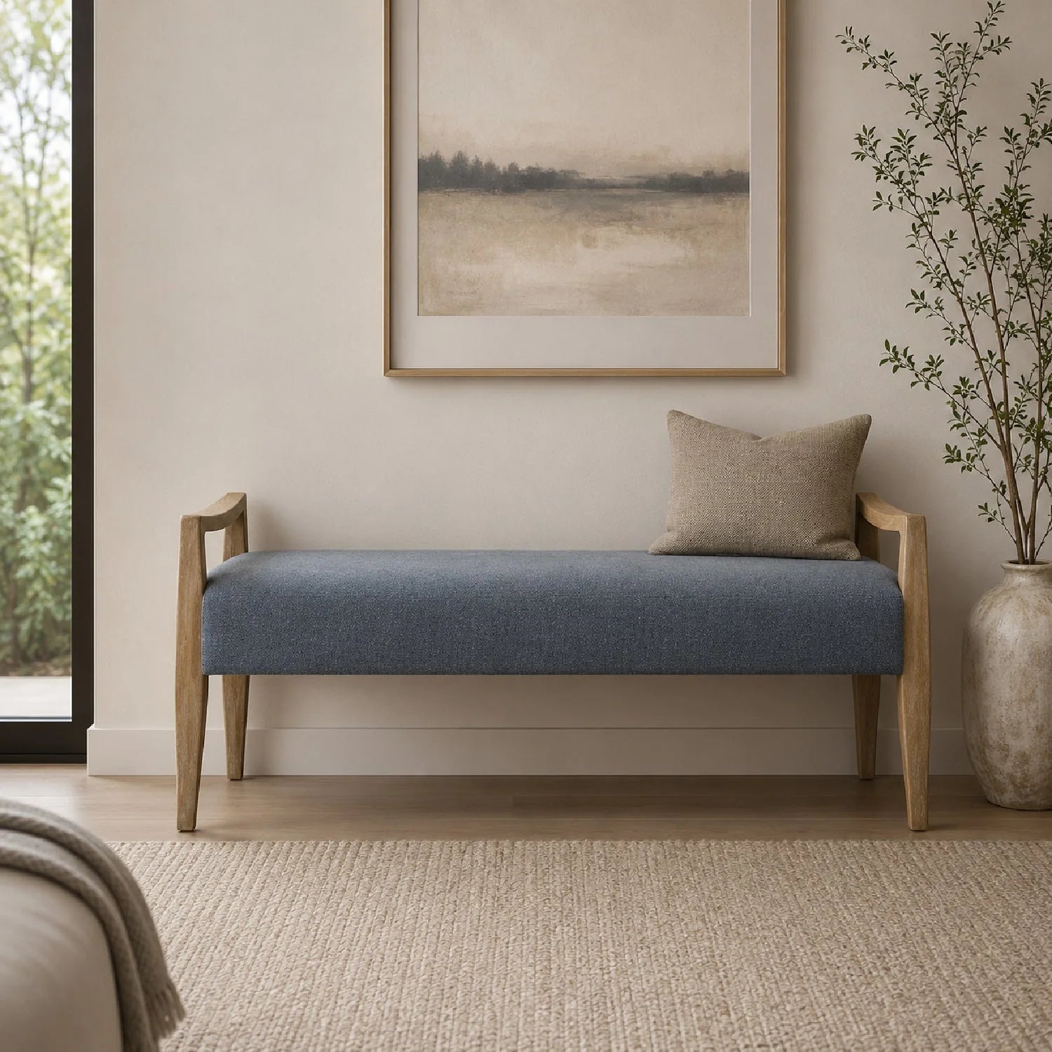 Luxury Wood Framed Blue Fabric Bench European Style for Villa