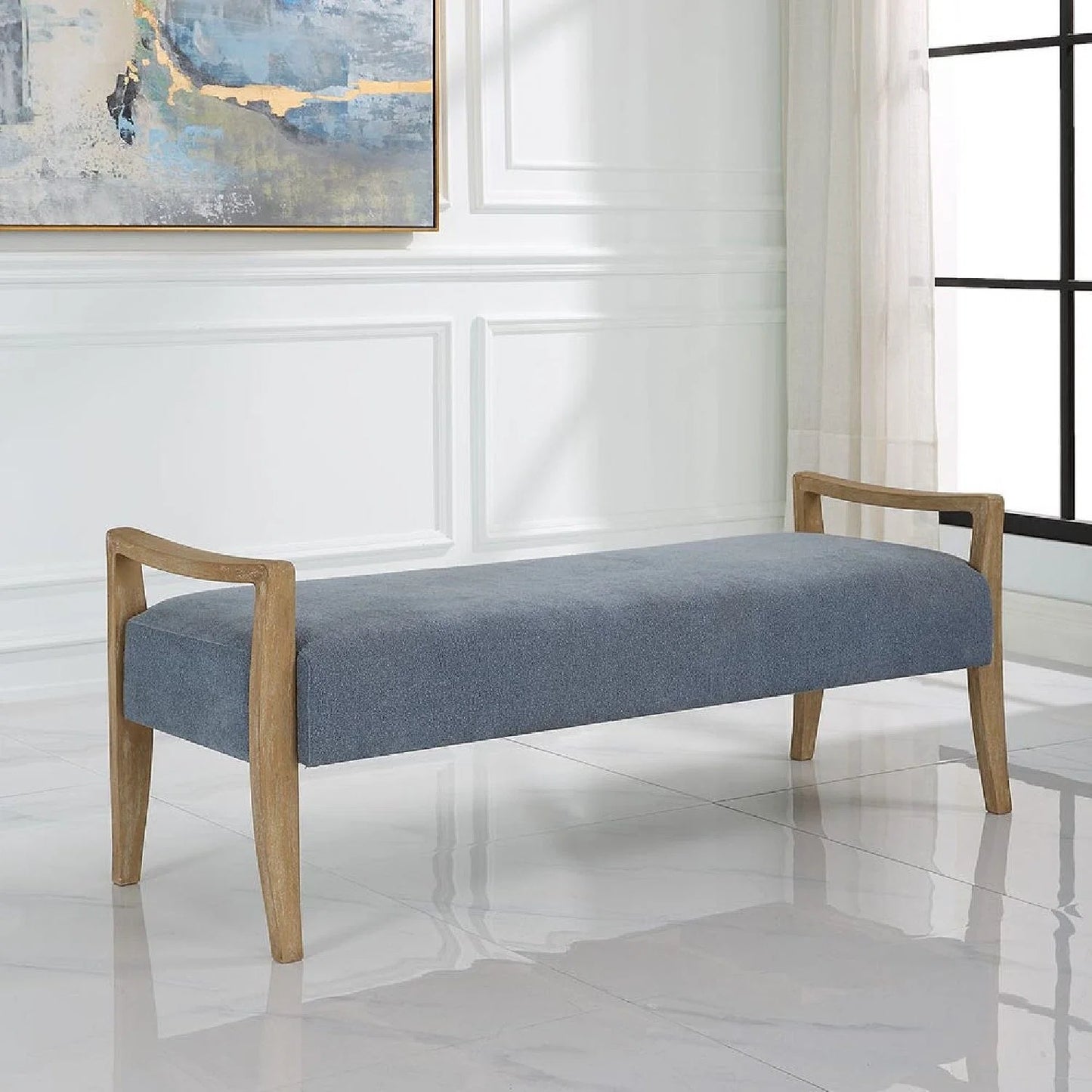 Luxury Wood Framed Blue Fabric Bench European Style for Villa