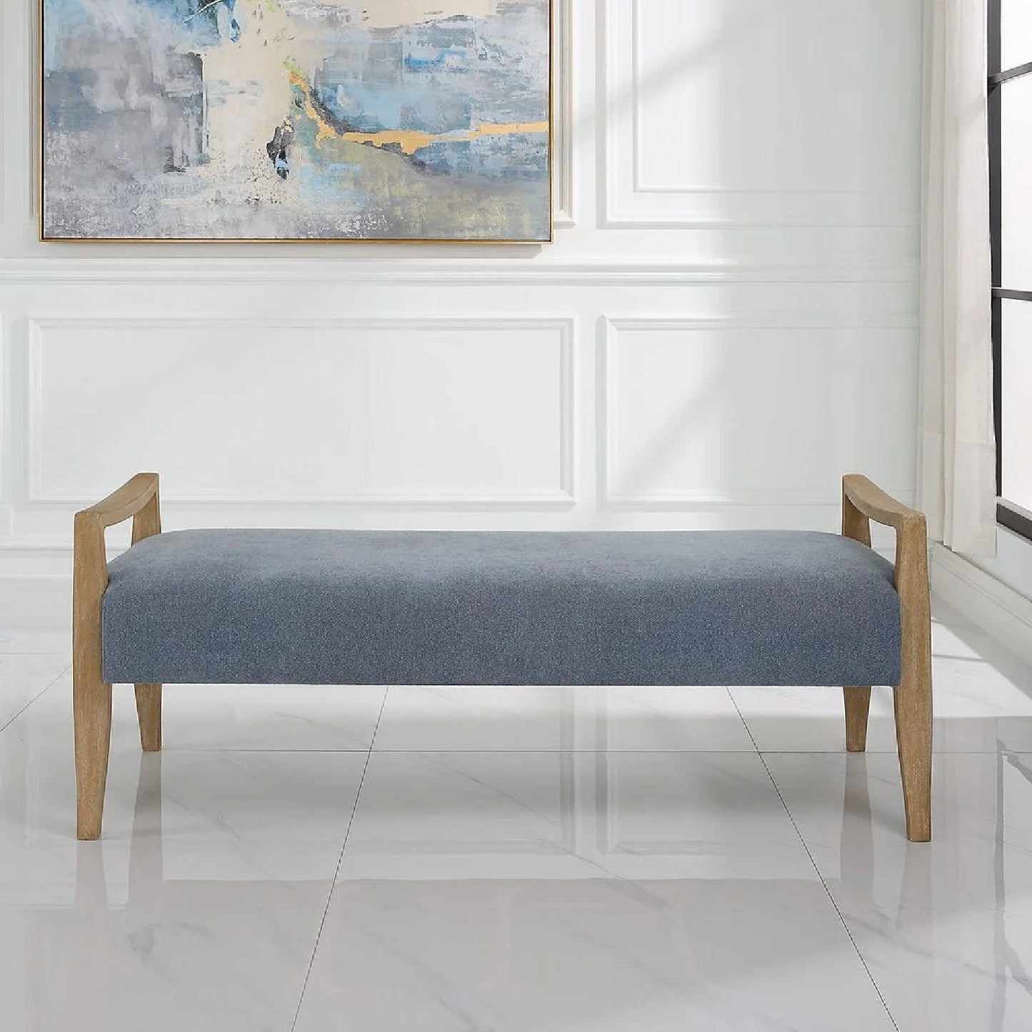 Luxury Wood Framed Blue Fabric Bench European Style for Villa
