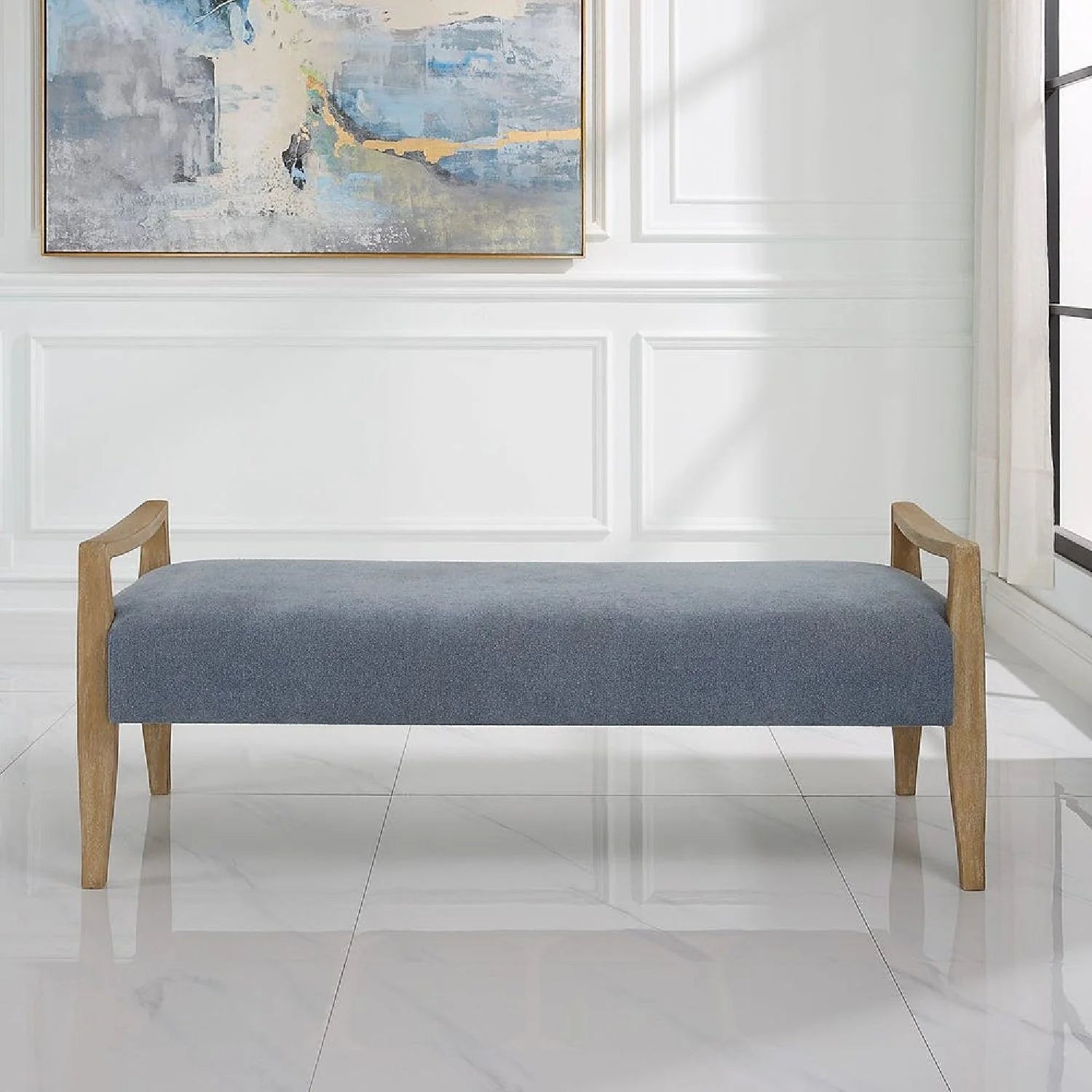 Luxury Wood Framed Blue Fabric Bench European Style for Villa
