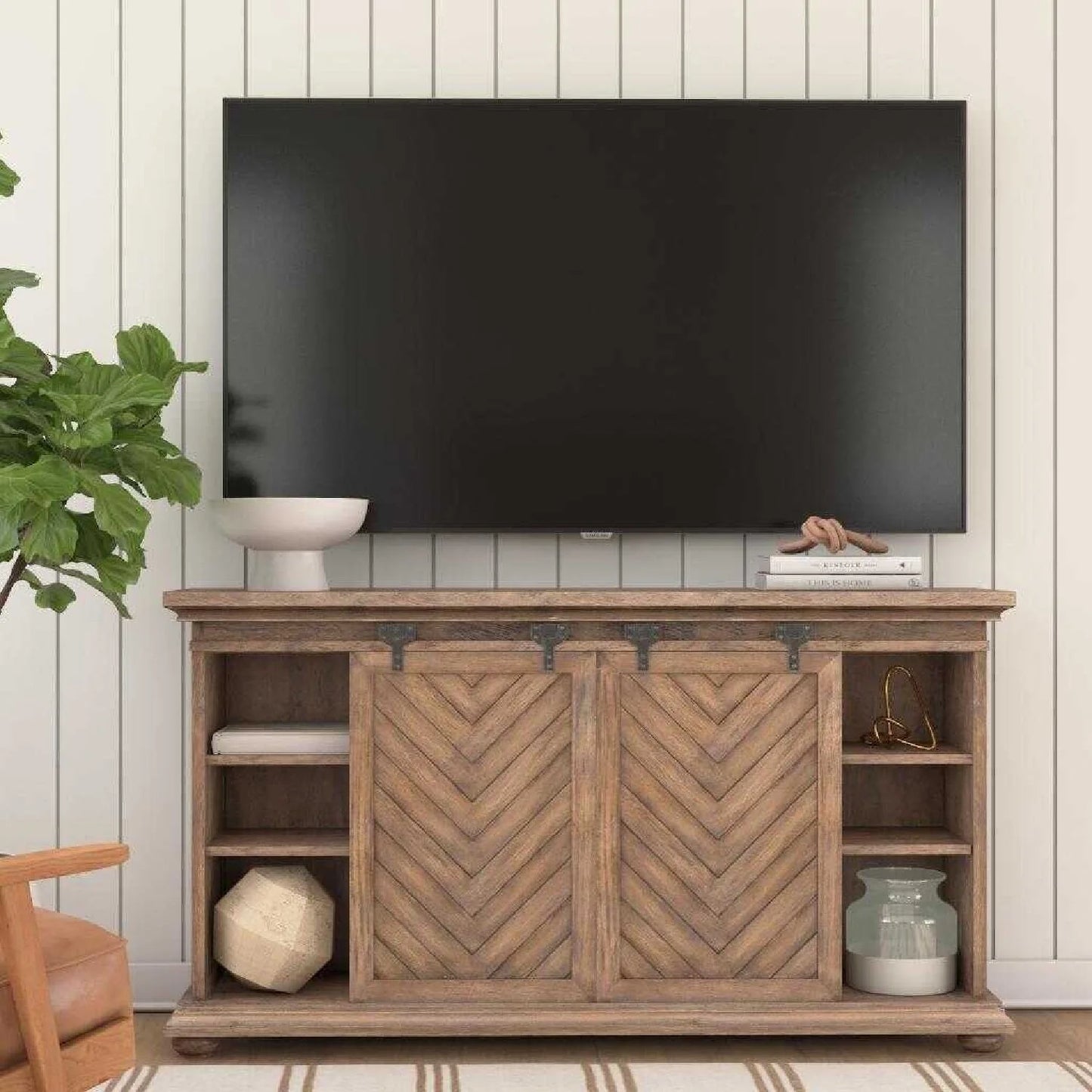 Luxury Wooden Chevron Media Console Modern Italian Style for Villa