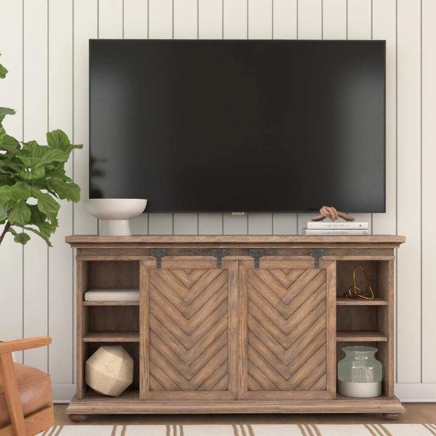 Luxury Wooden Chevron Media Console Modern Italian Style for Villa