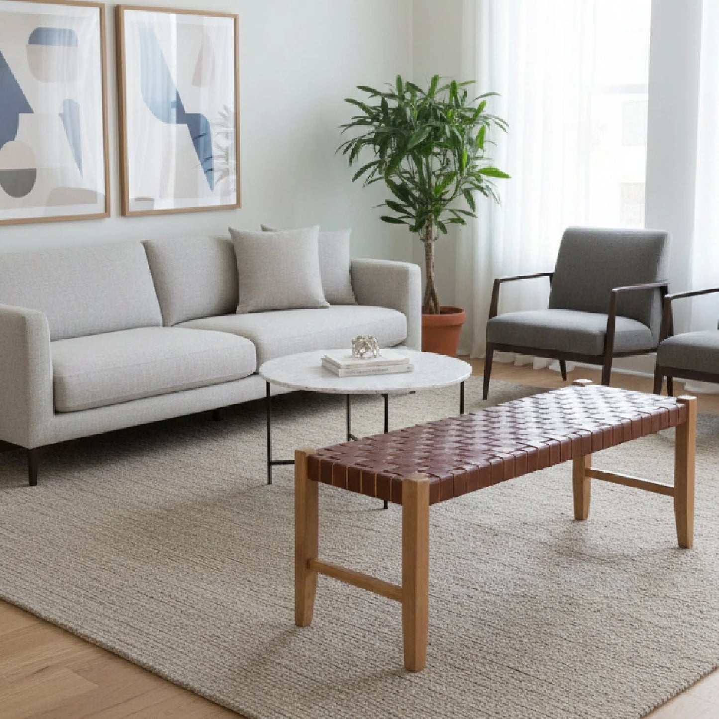 Luxury Woven Leather Bench European Style for Villa
