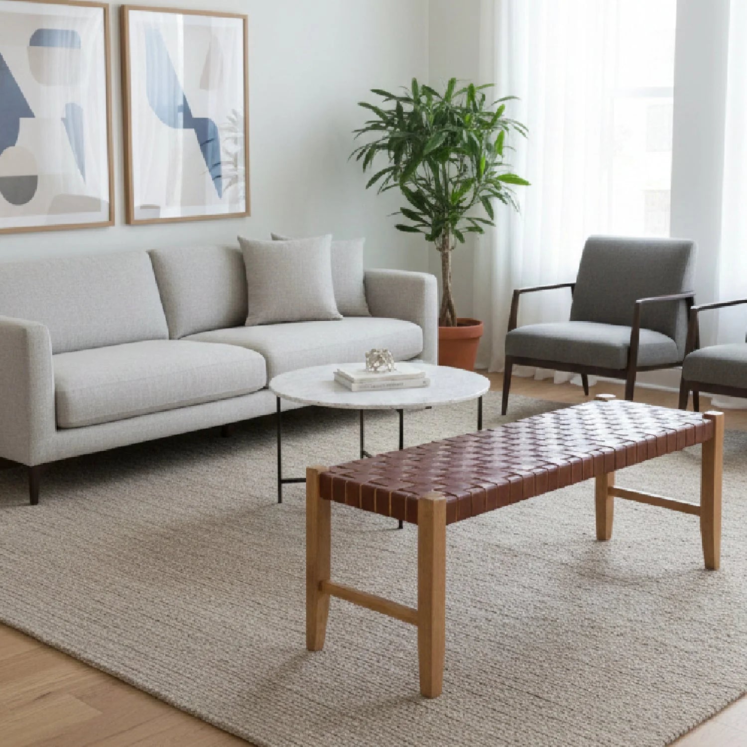 Luxury Woven Leather Bench European Style for Villa