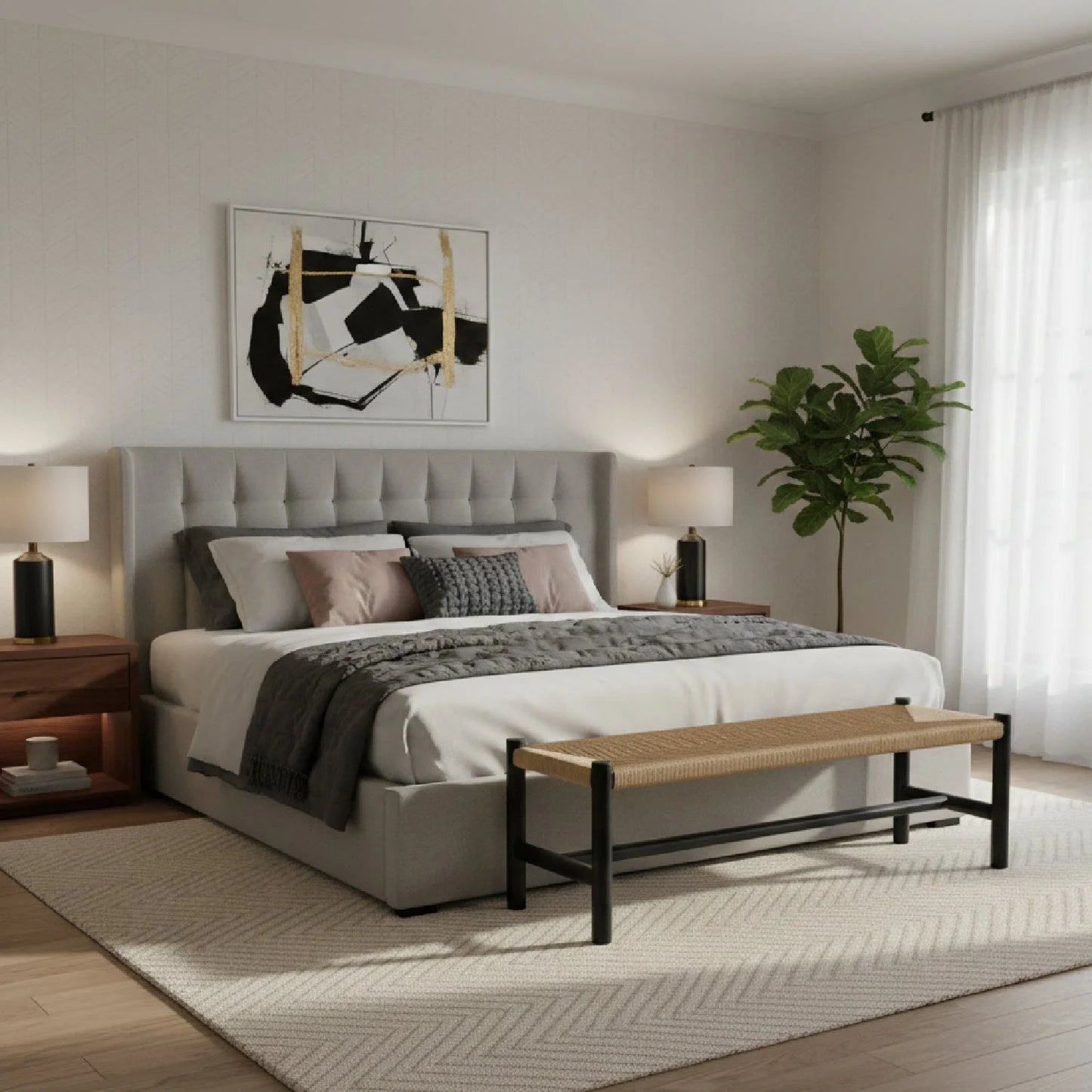 Luxury Woven Rope Elm Wood Bench European Style for Villa