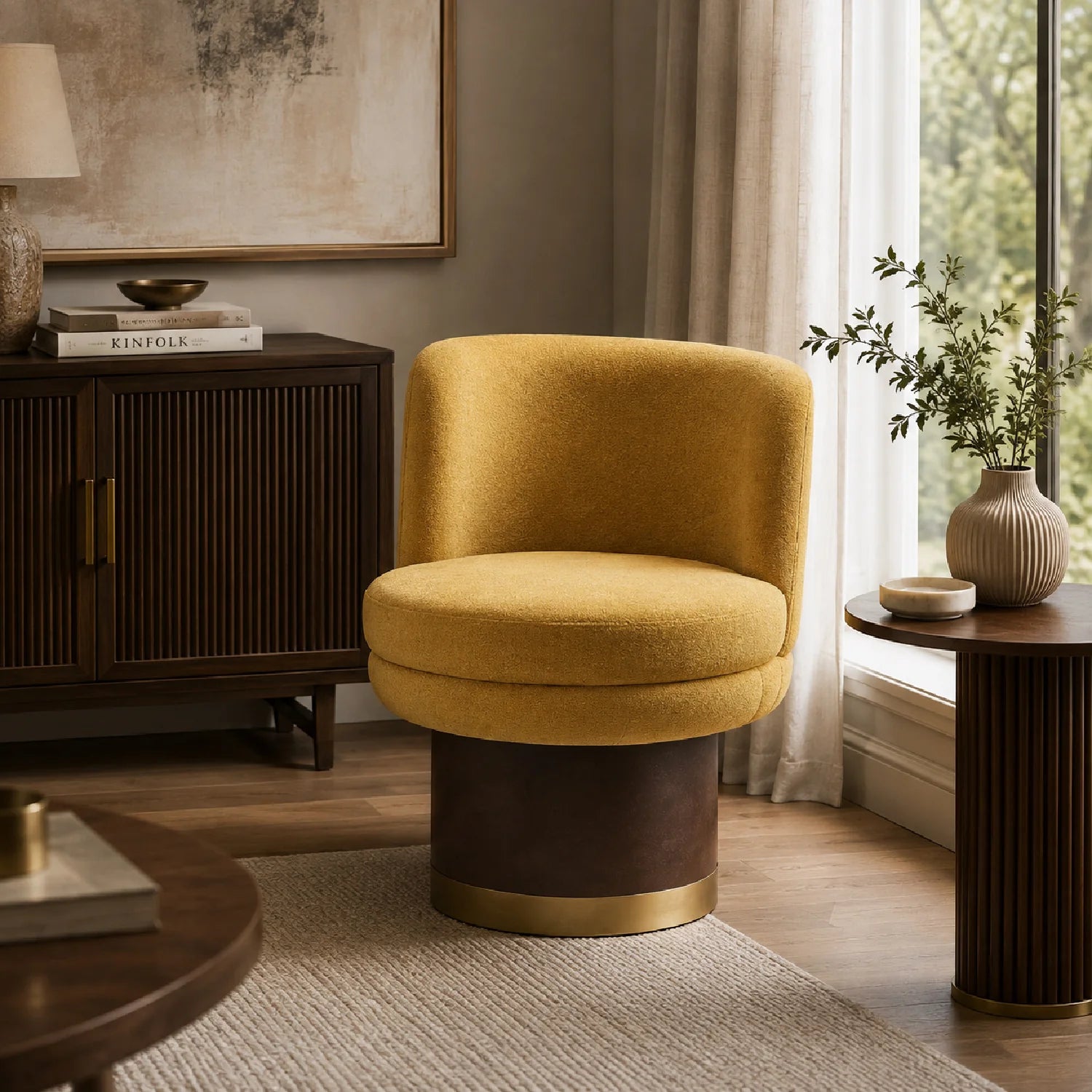 Luxury Yellow Chenille Swivel Lounge Chair Modern Italian Style for Villa